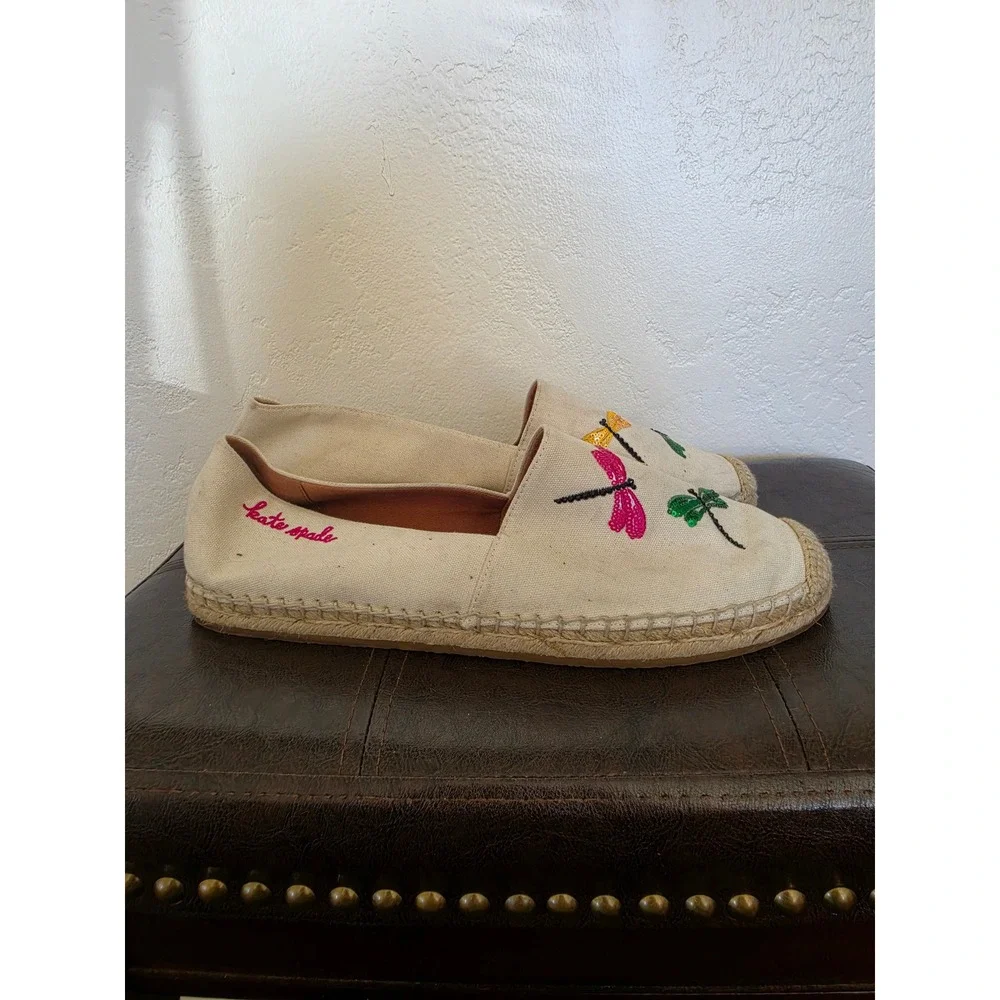 Kate Spade Dragonfly Embroidered Sequin Maximalist Canvas Flats Espadrilles 10B